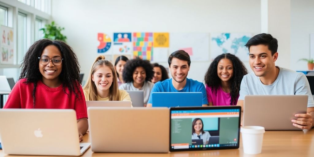 Grupo diverso de alunos aprendendo online com laptops.