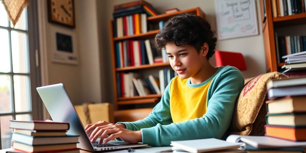 Estudante usando laptop em ambiente de estudo.