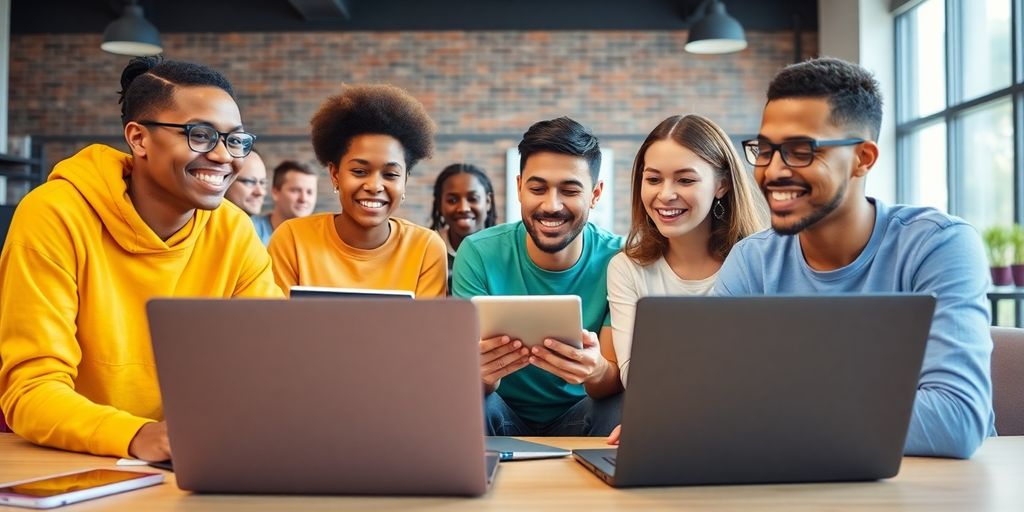 Grupo de estudantes participando de uma aula online.