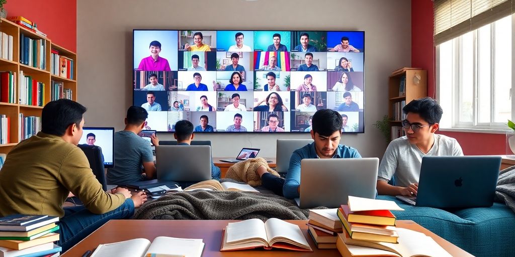 Estudantes participando de aulas online em um ambiente vibrante.